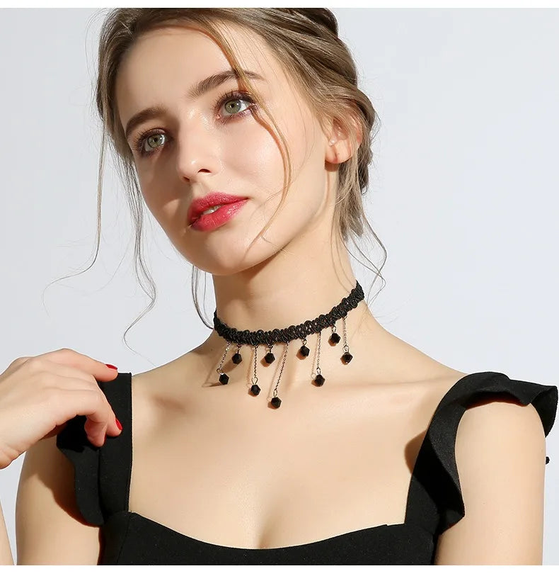 Crystal Statement Necklace Collar Black Lace Chokers Flower Necklaces For Women Girl Boho Flower Charms-Dollar Bargains Online Shopping Australia