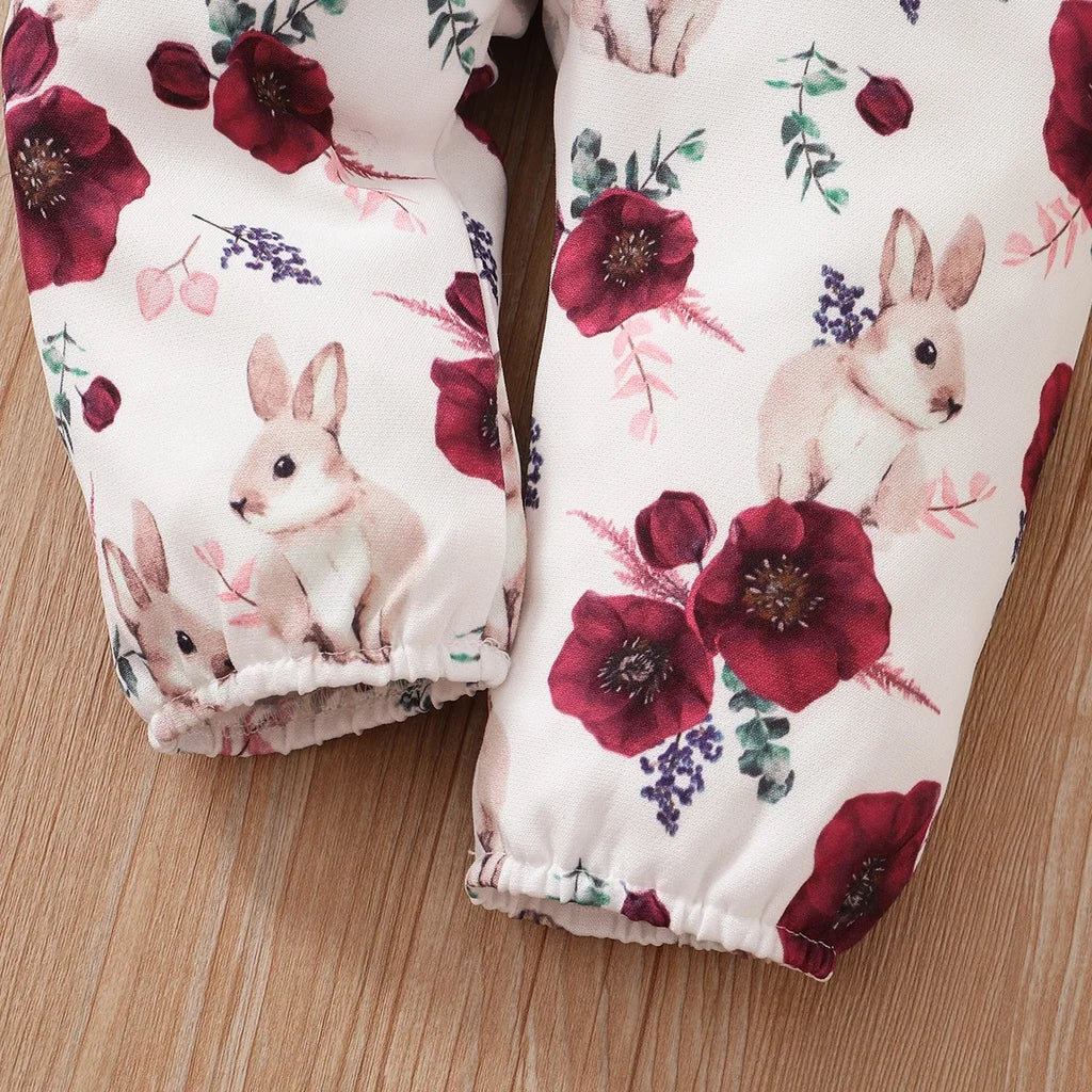 Baby Girl Clothes Set Red Color Long Sleevs Bodysuit + Flower Strap Pants 2PCS Infant Girl New Years Clothing Suit-Dollar Bargains Online Shopping Australia