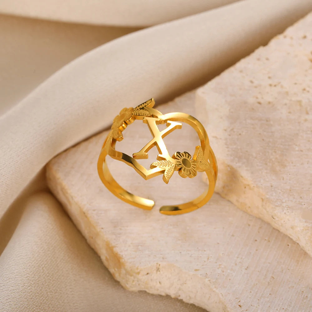 Stainless Steel Initials Flower Heart Rings Gold Color Adjustable Delicate Letter Leaf Rings For Women Girl Alphabet Jewelry-Dollar Bargains Online Shopping Australia