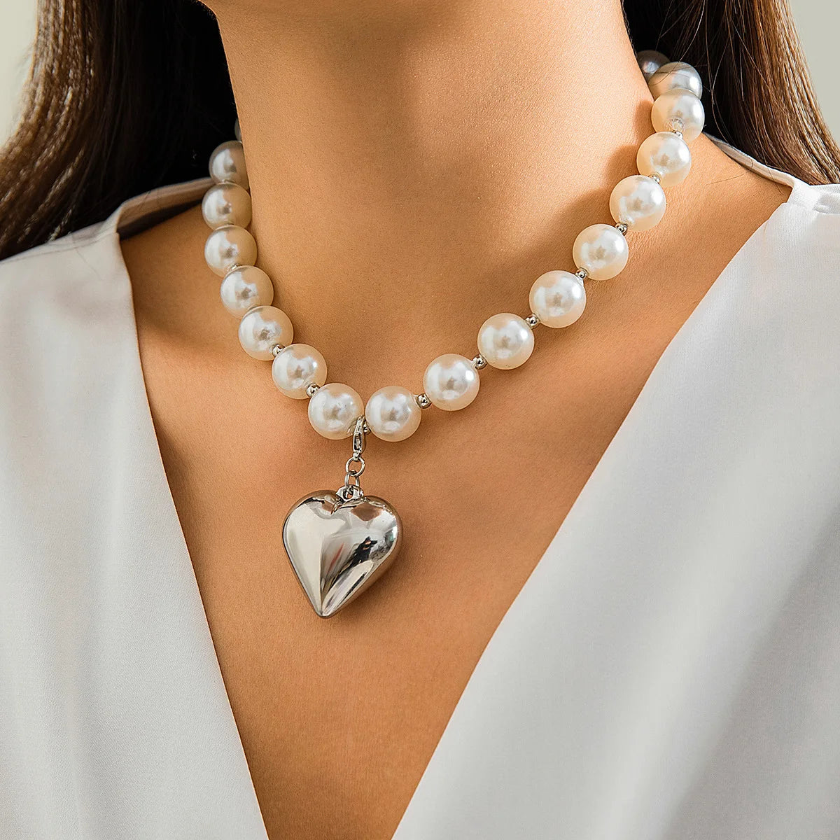 Ball Beaded Chain and Heart Pendant Necklace for Women Trendy Choker Collar on the Neck Fashion Jewelry-Dollar Bargains Online Shopping Australia