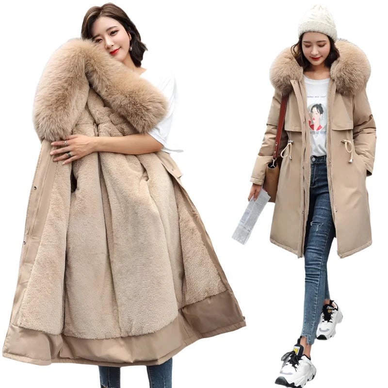 Women Parka Clothes Long Coat Wool Liner Hooded Jacket Fur Collar Thick Warm Snow Wear Fashion Parka-Dollar Bargains Online Shopping Australia