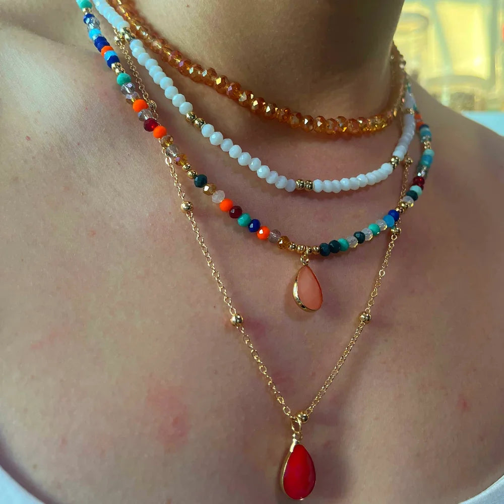 Multilayer Boho Colorful Bead Chain Necklace For Women Female Crystal Water Drop Metal Letter Pendant Jewelry Gift-Dollar Bargains Online Shopping Australia