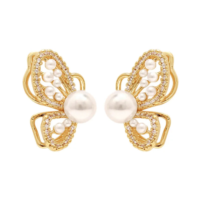 Personality Butterfly Golden Earrings Women Temperament Imitation Pearl Inlaid Rhinestones Shiny Earrings