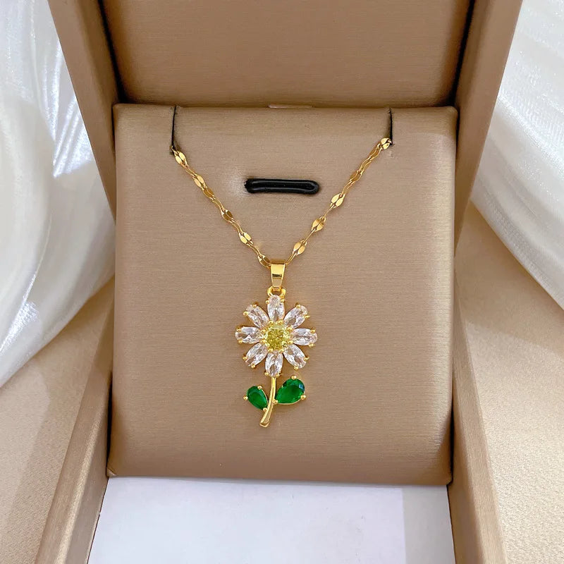 Classic Green Leaf Flower Necklace and Earrings Set Light Luxury Sunflower Personalized Banquet Stainless Steel Jewelry-Dollar Bargains Online Shopping Australia