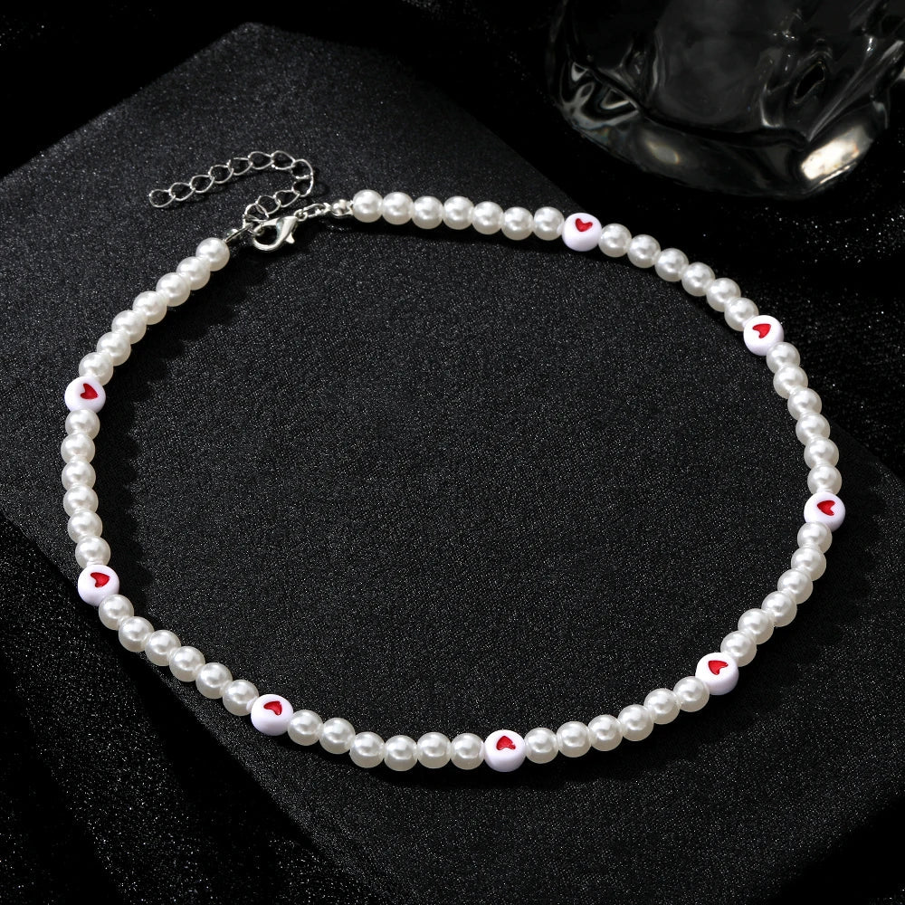 Y2K Artificial Pearls Beads Necklace for Women Girls Red Heart Pendant Cute Love Vintage Choker Necklaces Fashion Jewelry