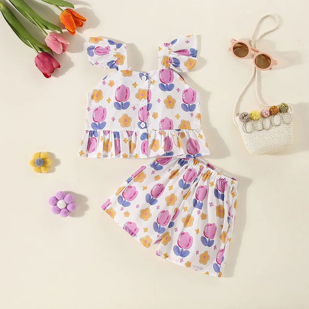 Baby Girl Flower Small Flying Sleeve Top And Shorts Set Cute Beach Set For Girls-Dollar Bargains Online Shopping Australia