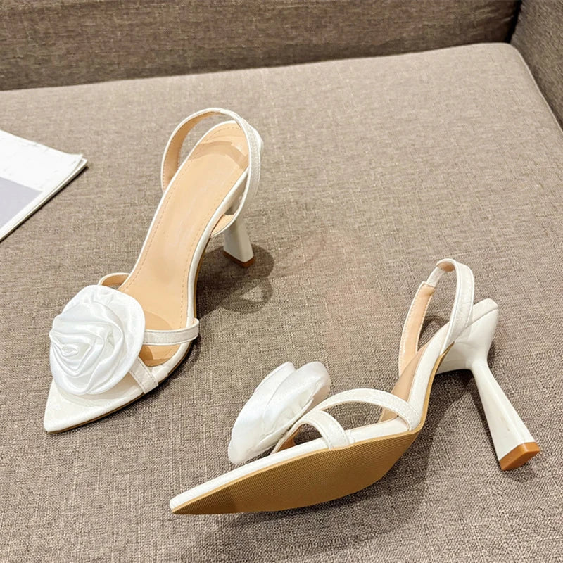 Silk Rose Flowers Pointed Open Toe Back Strap Sandals Women Red High Heels Wedding Prom Shoes-Dollar Bargains Online Shopping Australia