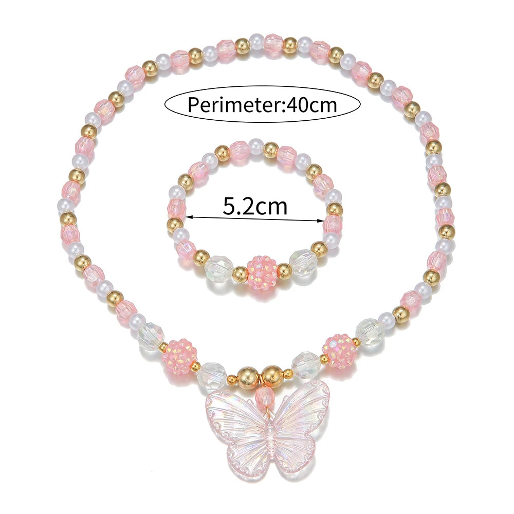 2Pcs/set Pink Butterfly Charm Necklace Bracelet Princess Girl Jewelry Set for Daughter Niece Children Best Party Birthday Gifts-Dollar Bargains Online Shopping Australia