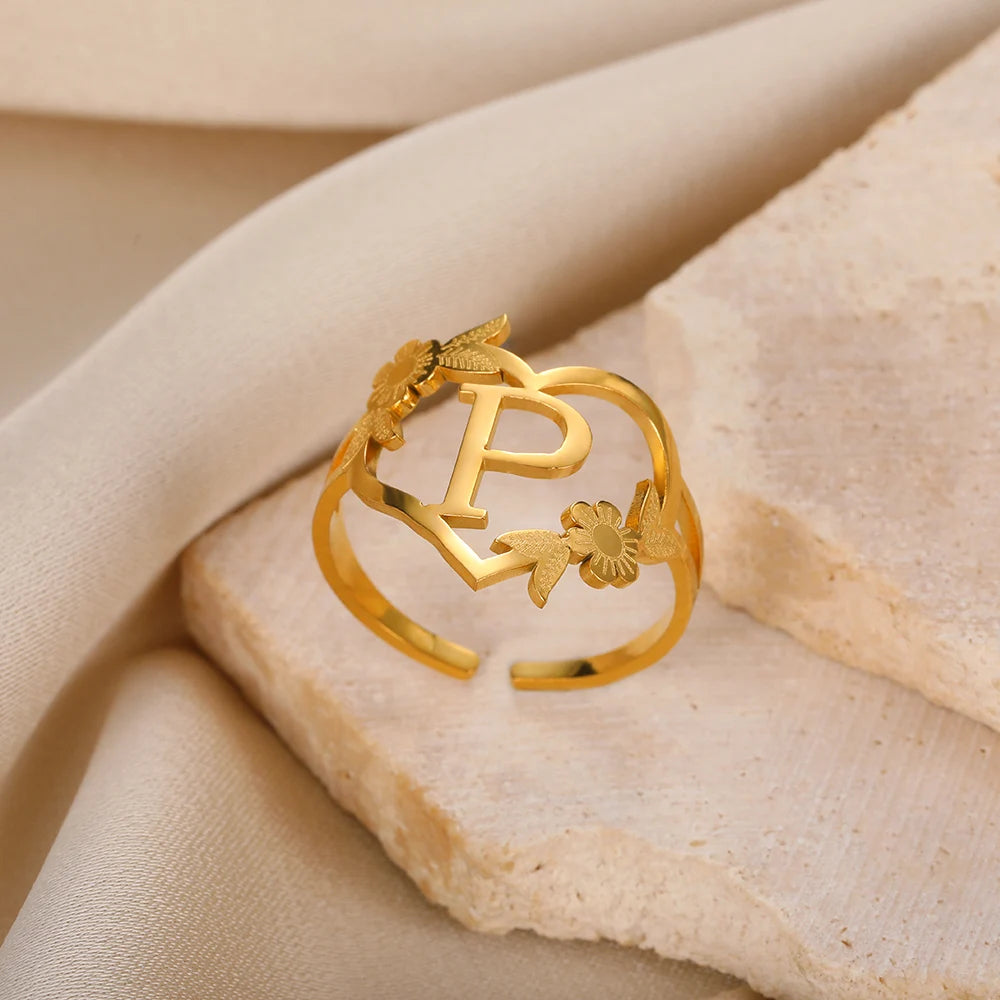 Stainless Steel Initials Flower Heart Rings Gold Color Adjustable Delicate Letter Leaf Rings For Women Girl Alphabet Jewelry-Dollar Bargains Online Shopping Australia