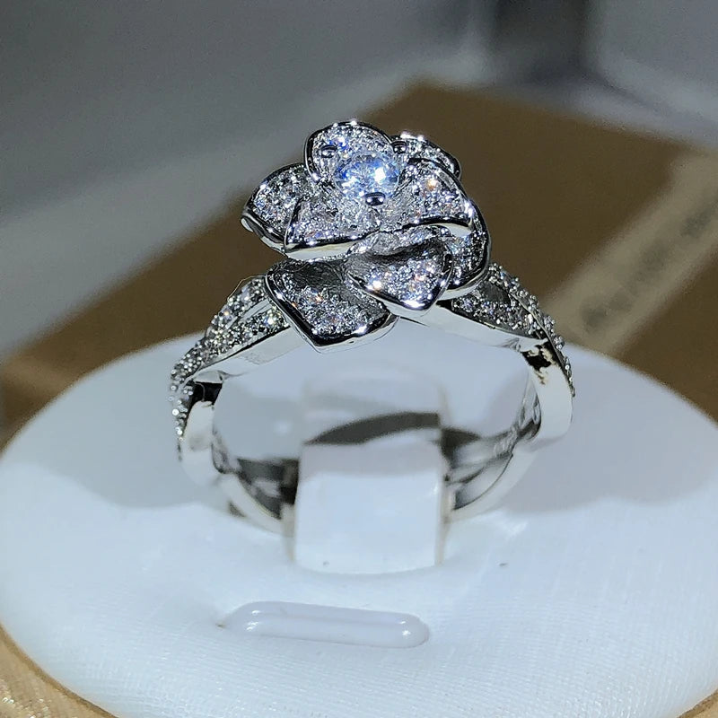 925 Sterling Silver InterTwined Three-Dimensional Rose Ring White Zircon Full Diamond Ring Ladies Temperament Elegant Jewelry-Dollar Bargains Online Shopping Australia