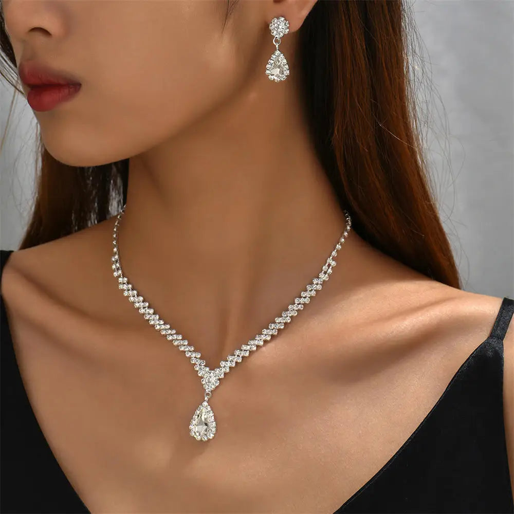 2pcs/set Jewelry Sets Women Elegant Waterdrop Rhinestone Pendant Necklace stud Earrings Wedding Dress Bridal Jewelry Set-Dollar Bargains Online Shopping Australia