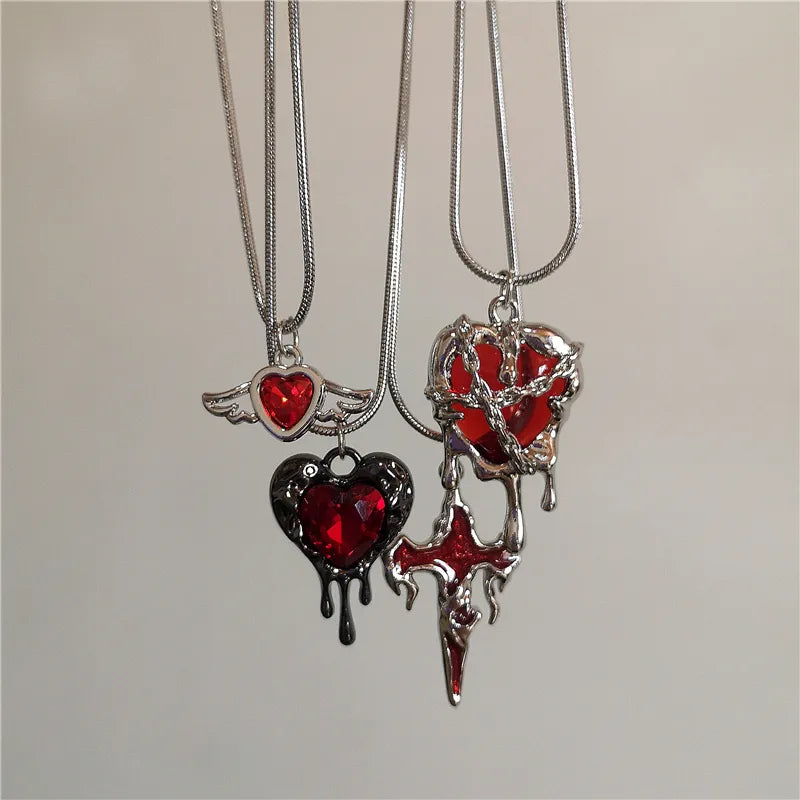 Vintage Y2k Red Love Heart Cross Pendant Snake Chain Necklace For Women Men Halloween Aesthetic Gothic Rave Jewelry Accessories-Dollar Bargains Online Shopping Australia