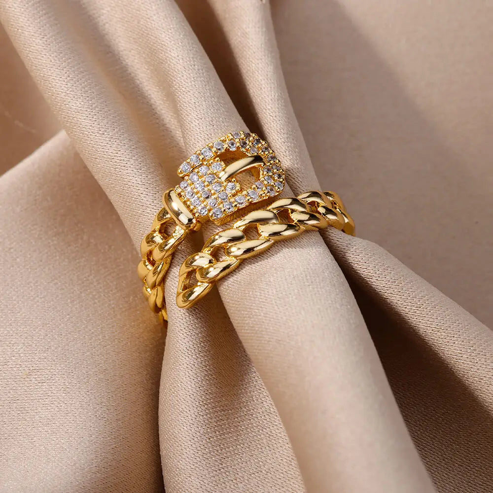 Belt Chain Rings for Women Men Gold Color Stainless Steel Ring Trend Luxury Korean Fashion Aesthetic Jewelry