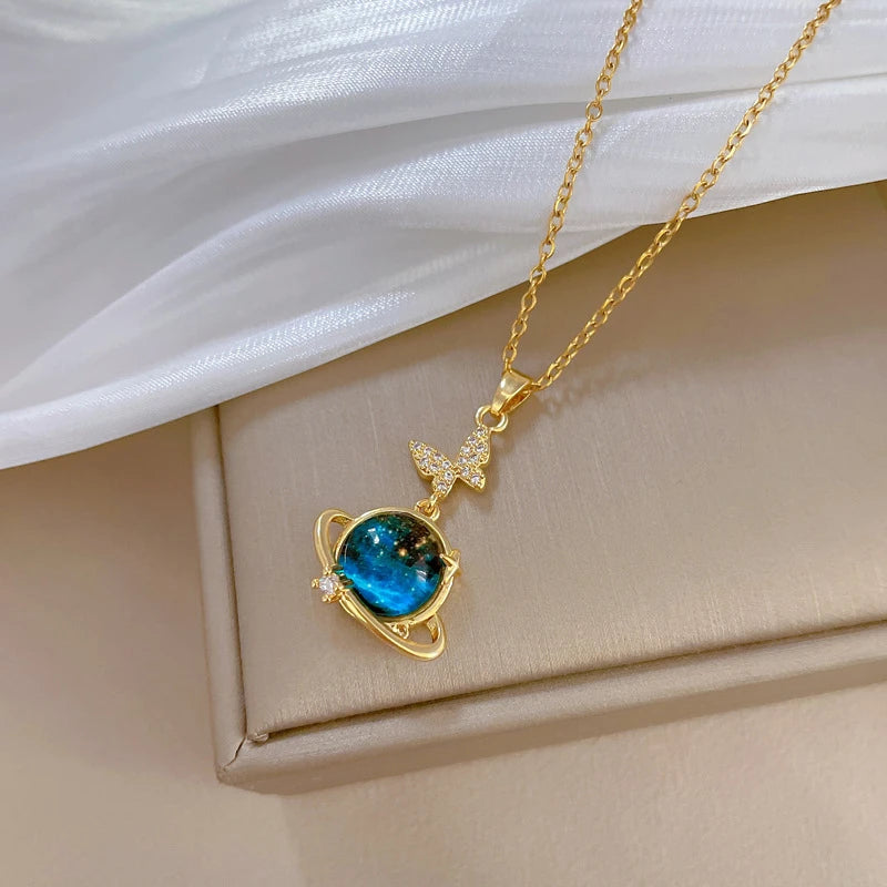 Stainless Steel Zircon Planet Star Pendant Necklace For Women Girl Elegant Aesthetic Clavicle Chain Necklace Jewelry Party Gift-Dollar Bargains Online Shopping Australia