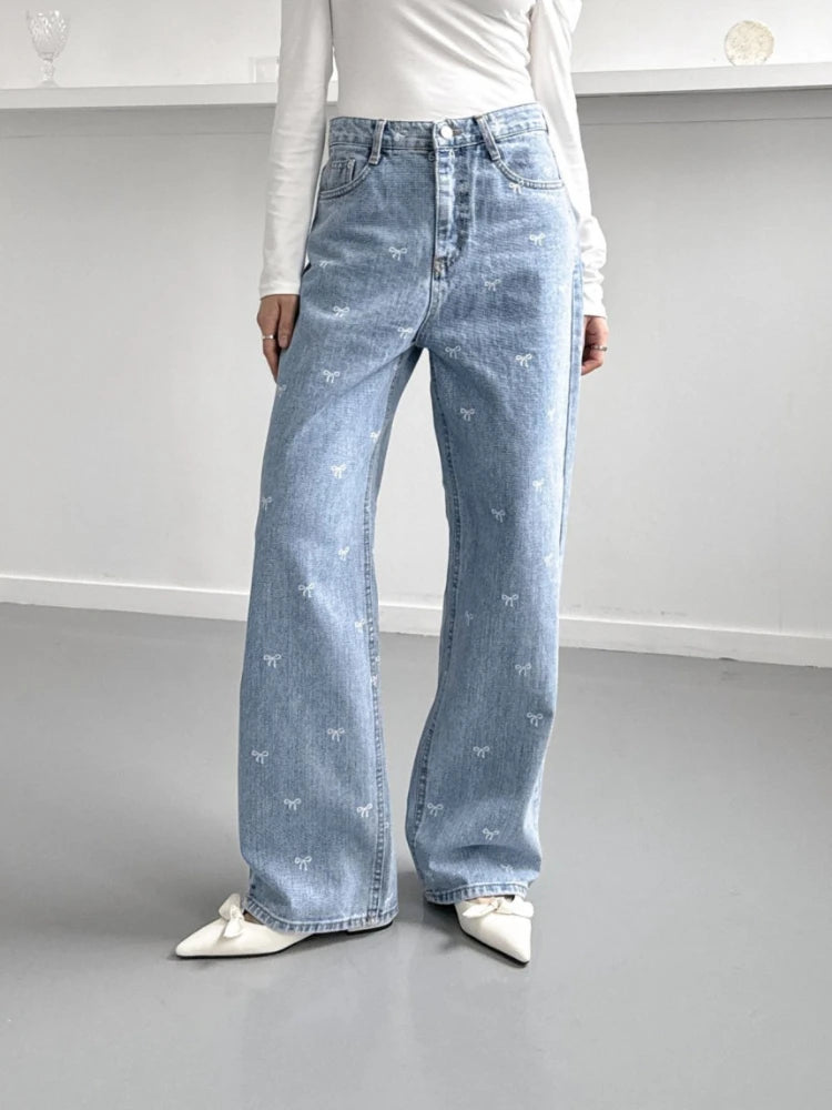 Women Light Blue Jeans Pant Korean Baggy Bow Decorated High Waisted Straight Leg Long Pant Female Casual Printed Button Trousers-Dollar Bargains Online Shopping Australia