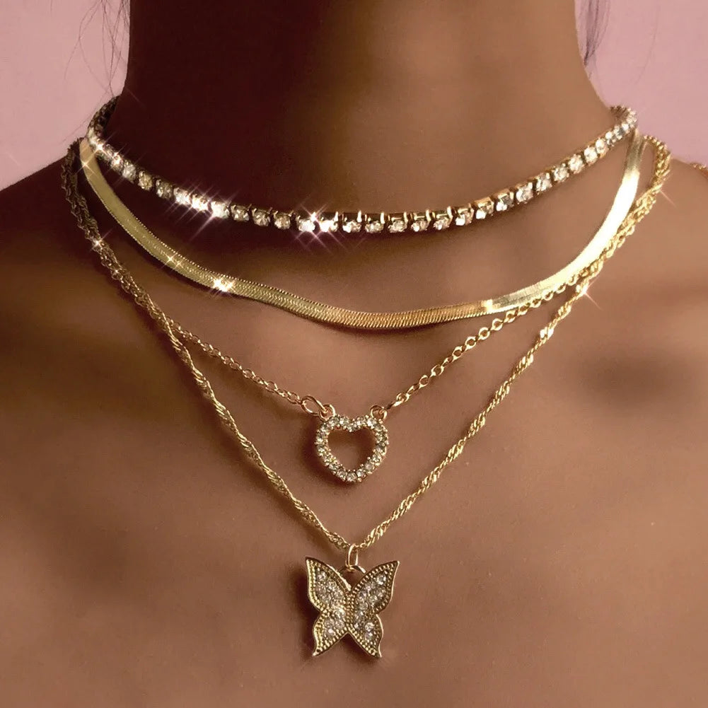 Bohemia Multilayer Crystal Butterfly Pendant Necklaces Women Hollow Heart Choker Necklace Fashion Jewelry Party-Dollar Bargains Online Shopping Australia