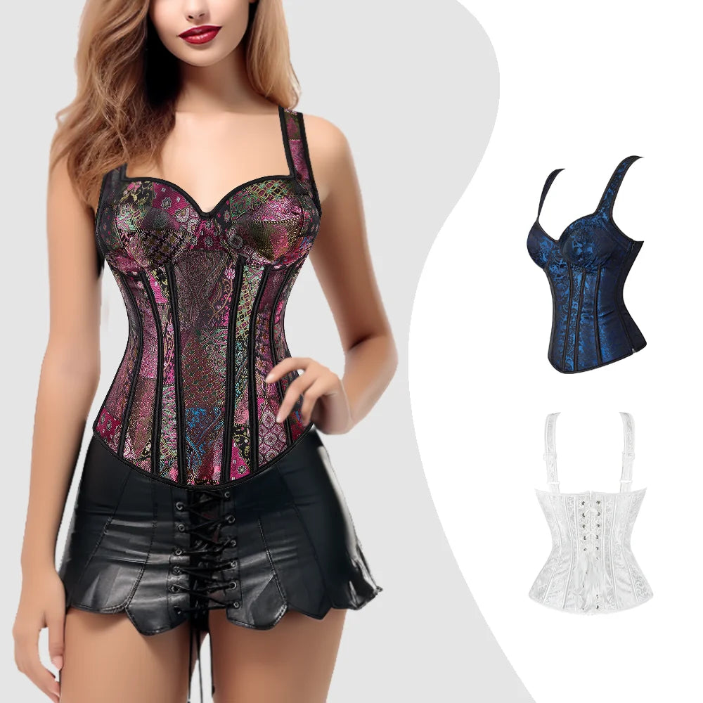 Corset with Straps for Women Black Overbust Corset Plus Size Jacquard Lace-Up Corset Zipper TOP Vintage Gothic Corset Bustier-Dollar Bargains Online Shopping Australia
