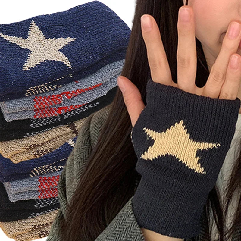 Winter Knitted Woolen Gloves Ins Fashion Y2K Men's Women's Half Finger Warm Five Pointed Star Fingerless Gloves Unisex-Dollar Bargains Online Shopping Australia