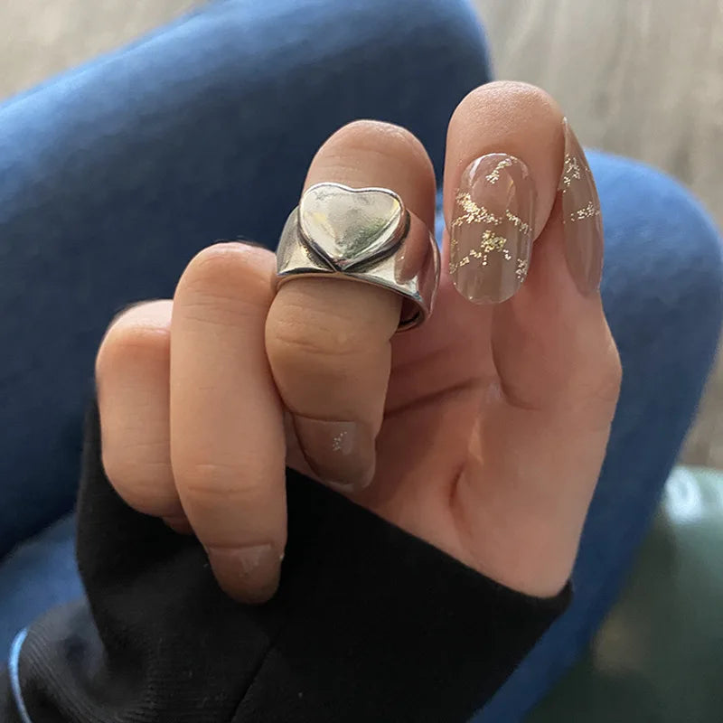 925 Sterling Silver Retro Love Heart Wide Glossy Net Red Ring for Women Girl Gift Jewelry