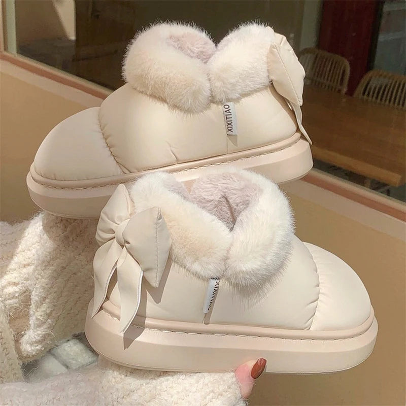 Bow Knot Short Ankle Snow Boots Women Winter Plush Waterproof PU Cotton Household Shoes Home Slipper Women-Dollar Bargains Online Shopping Australia