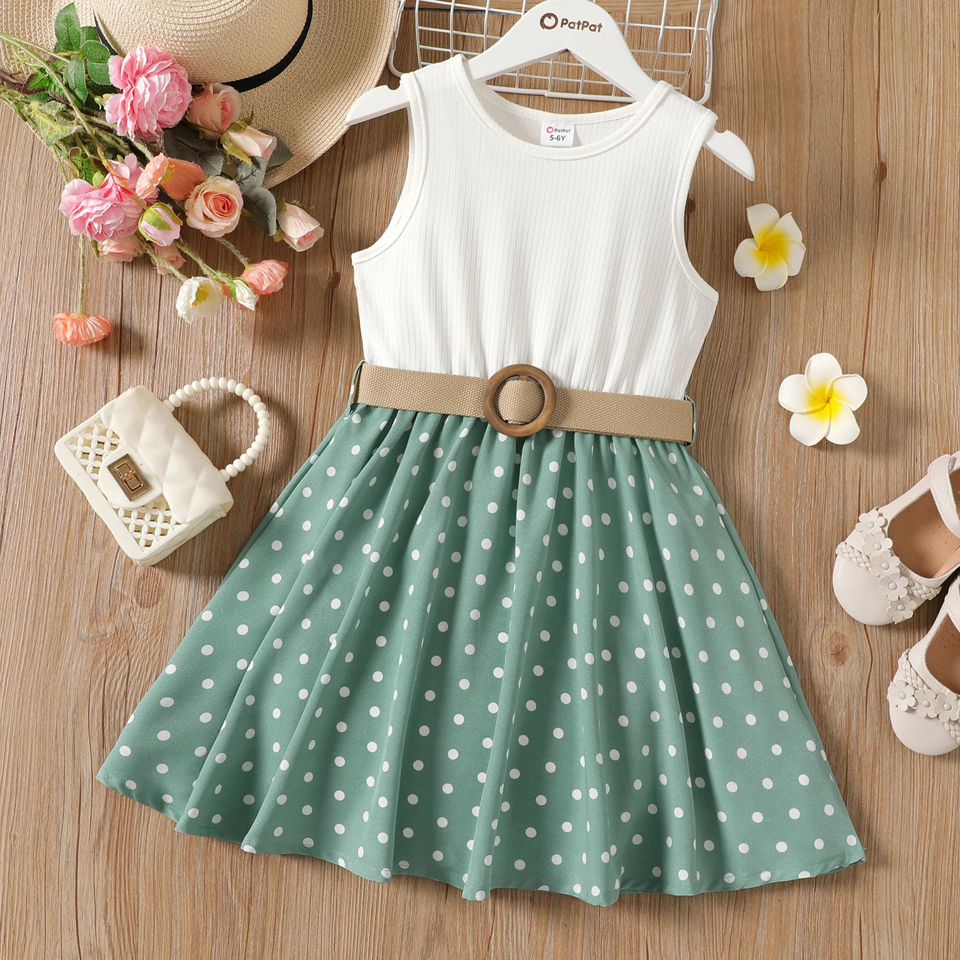 2pcs Girl Dresses Kids Clothes Girl Polka Dots Ribbed Girls Splice Sleeveless Dress & Belt-Dollar Bargains Online Shopping Australia