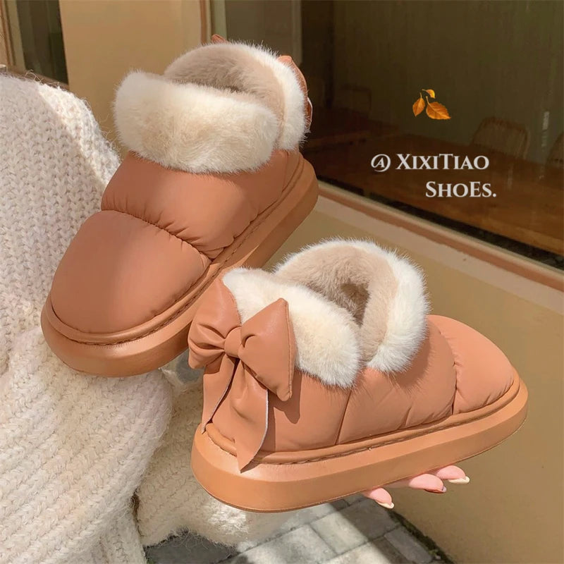 Bow Knot Short Ankle Snow Boots Women Winter Plush Waterproof PU Cotton Household Shoes Home Slipper Women-Dollar Bargains Online Shopping Australia