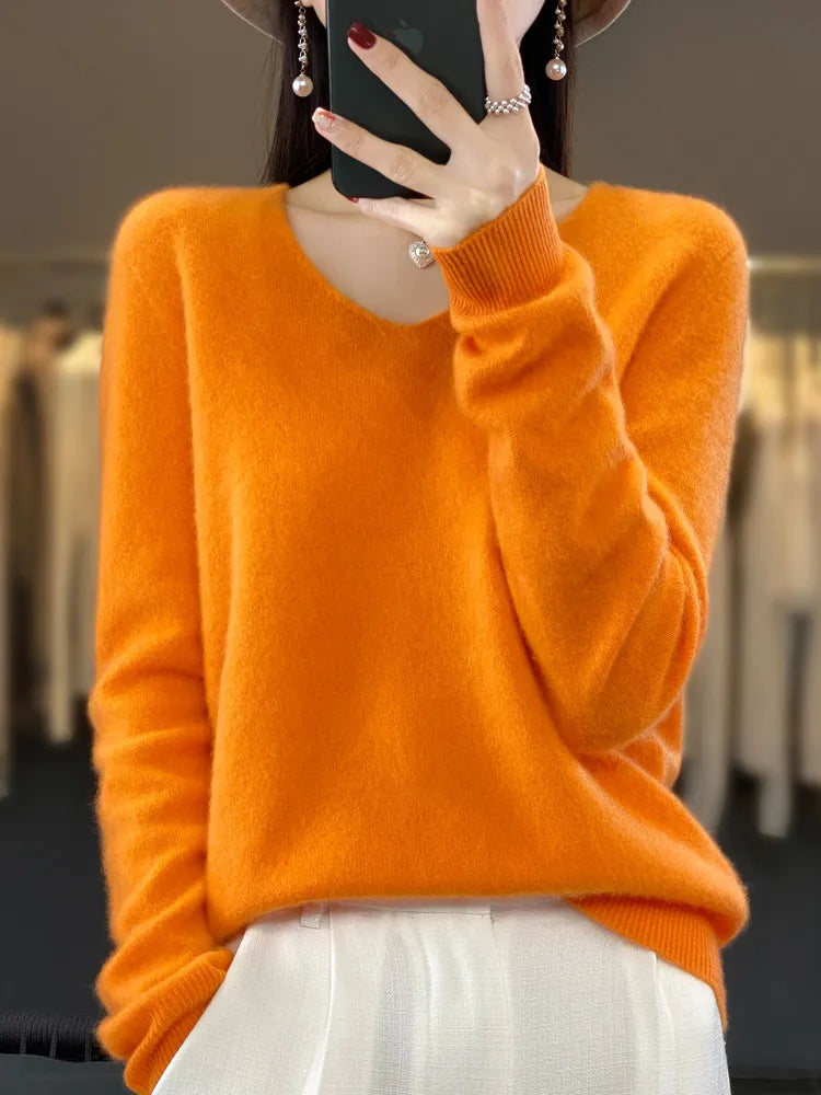 100% Merino Wool Women Sweater V-Neck Long Sleeve Basic Jumper Spring Autumn Winter Clothing Knitwear Tops
