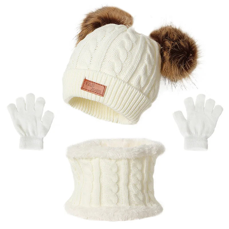 Children Winter Warm Suits Knitted Hat Scarf and Gloves Set For Girls Boy Pompoms Baby Beanies Cap Christmas Gifts For Kids 1-5y-Dollar Bargains Online Shopping Australia