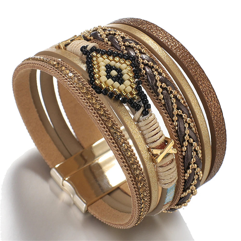 Multilayer Handwoven Leather Bracelet for Women Magnet Buckle Wide Bracelet Rice Bead Woven Devil's Eye Leather Bracelet-Dollar Bargains Online Shopping Australia