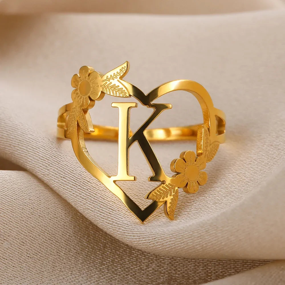 Stainless Steel Initials Flower Heart Rings Gold Color Adjustable Delicate Letter Leaf Rings For Women Girl Alphabet Jewelry-Dollar Bargains Online Shopping Australia