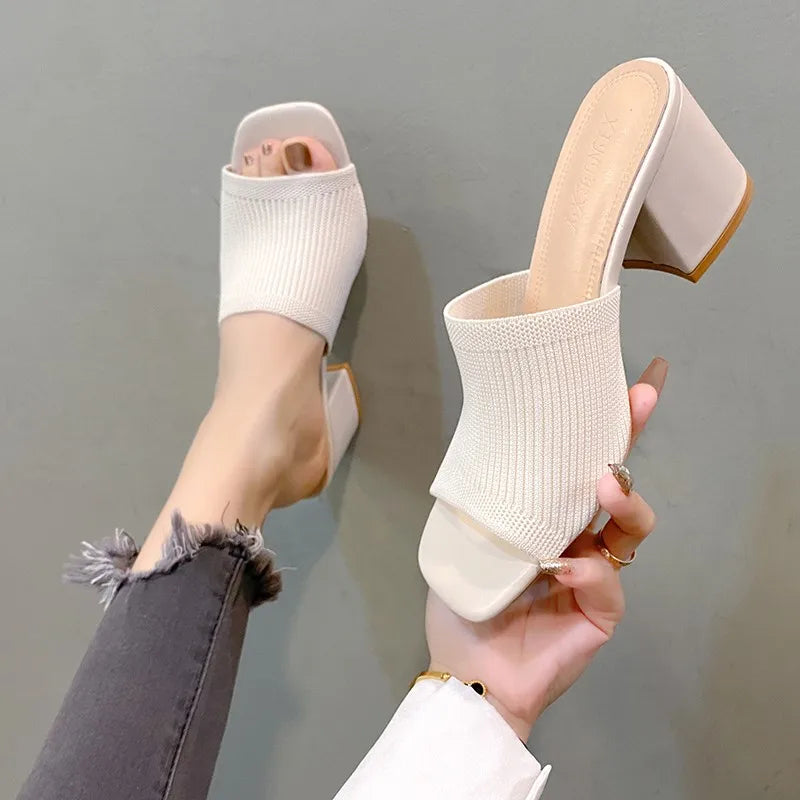 Flyknit High Heel Sandals Women Knitted Breathable Thick Heel Women Slippers Open Toe Fashion Sandals-Dollar Bargains Online Shopping Australia