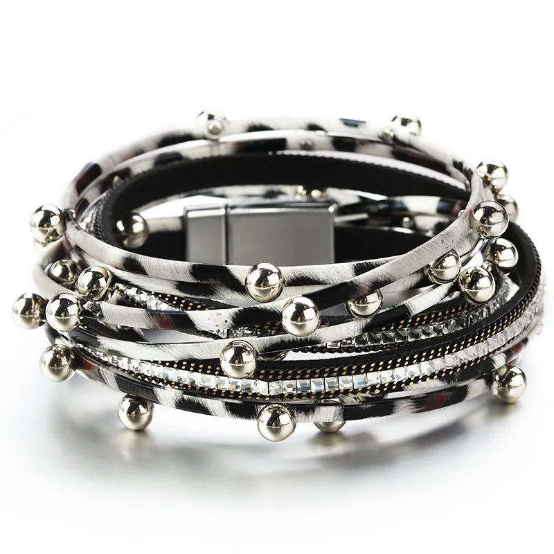 Metal Beads Charm Leather Bracelets for Women Fashion Crystal Chain Bohemian Multilayer Wrap Bracelet Female Jewelry-Dollar Bargains Online Shopping Australia