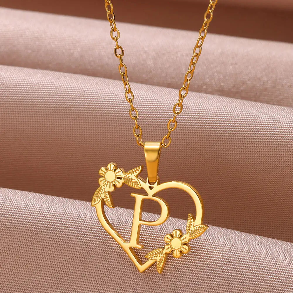 Gold Color Dainty Flower Initials Necklace Women Girl Stainless Steel Heart Letter Choker Necklace Best Gifts Alphabet Jewelry-Dollar Bargains Online Shopping Australia