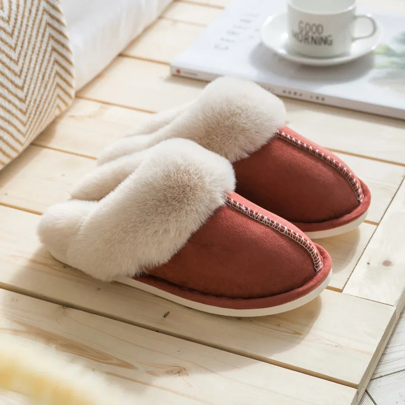 WinterFur Slippers Women Luxury Faux Suede Plush Couple Cotton Shoes Indoor Bedroom Flat Heels Fluffy Slippers-Dollar Bargains Online Shopping Australia