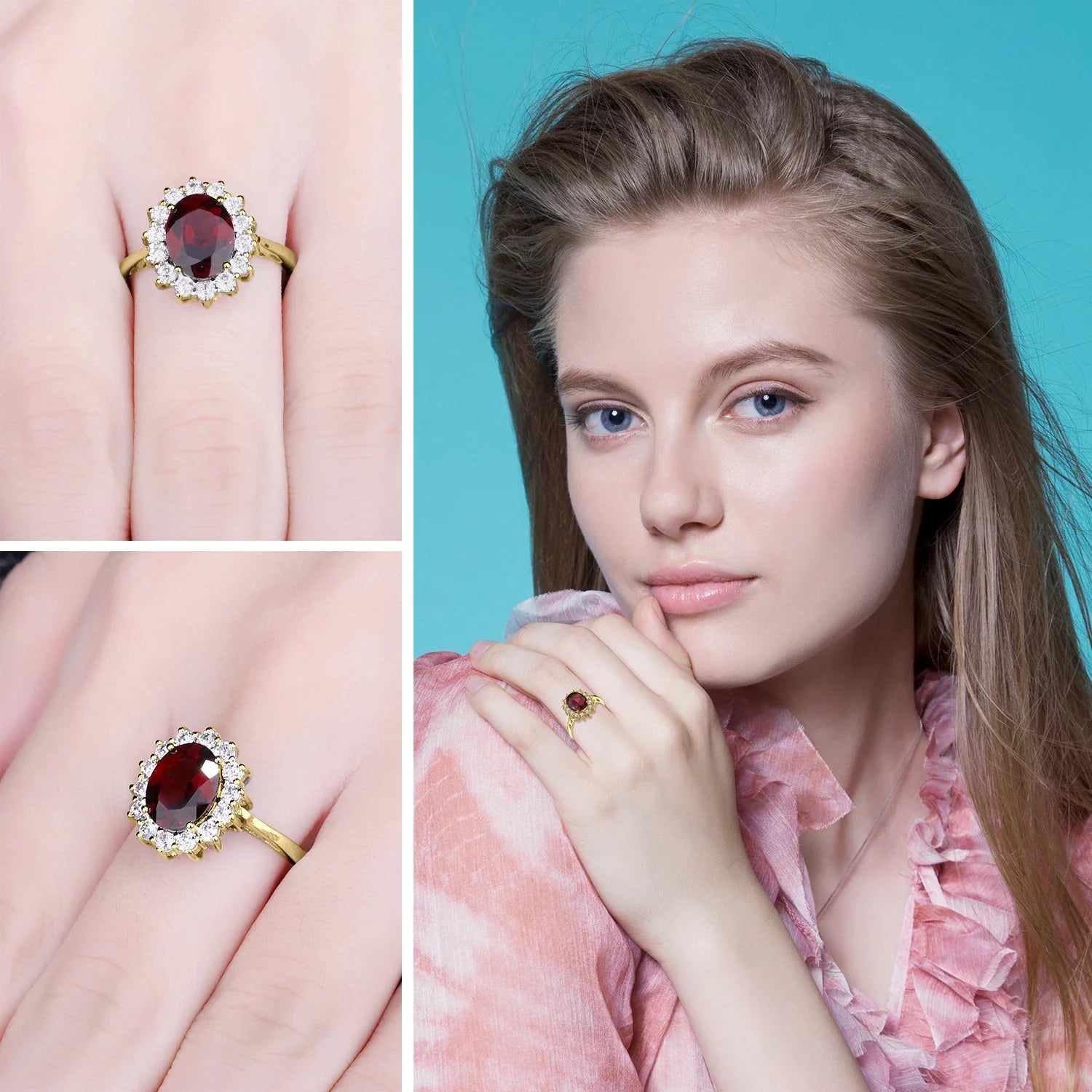 Natural Garnet 925 Sterling Silver Ring Ruby Natural Amethyst Citrine Blue Topaz Ring Yellow Rose Gold Plated