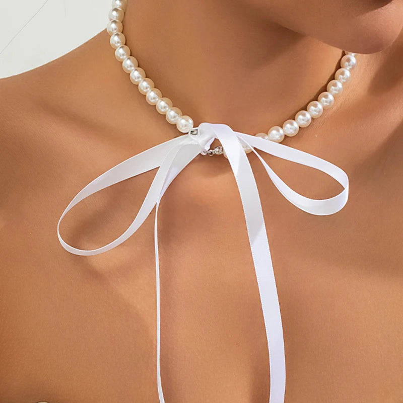 Wedding Party Jewelry Long Black Ribbon Choker Necklace For Women Elegant White Imitation Pearl Beach Vacation Necklaces-Dollar Bargains Online Shopping Australia