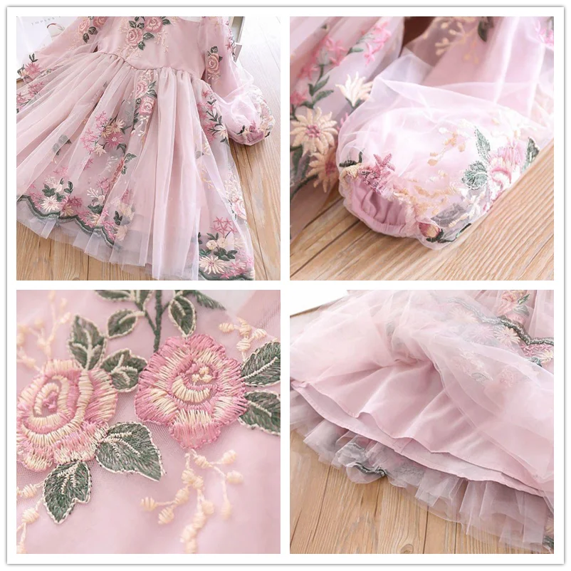 Little Girls Autumn Full Sleeves Dress for Children Party Kids Casual Dress Pink Floral Embroidery Dresses Princess Wear-Dollar Bargains Online Shopping Australia