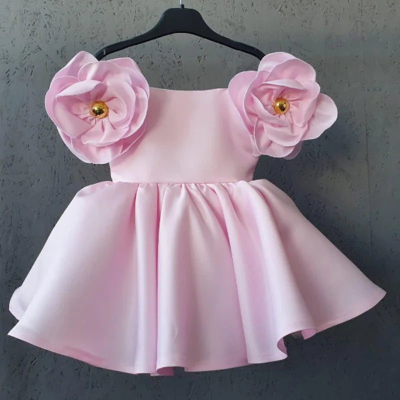 Girl Satin Face Tulle Petal Sleeve Dress Children Vestido Vintage Solid Color Wedding Birthday Party Princess Dress Kid Clothes-Dollar Bargains Online Shopping Australia