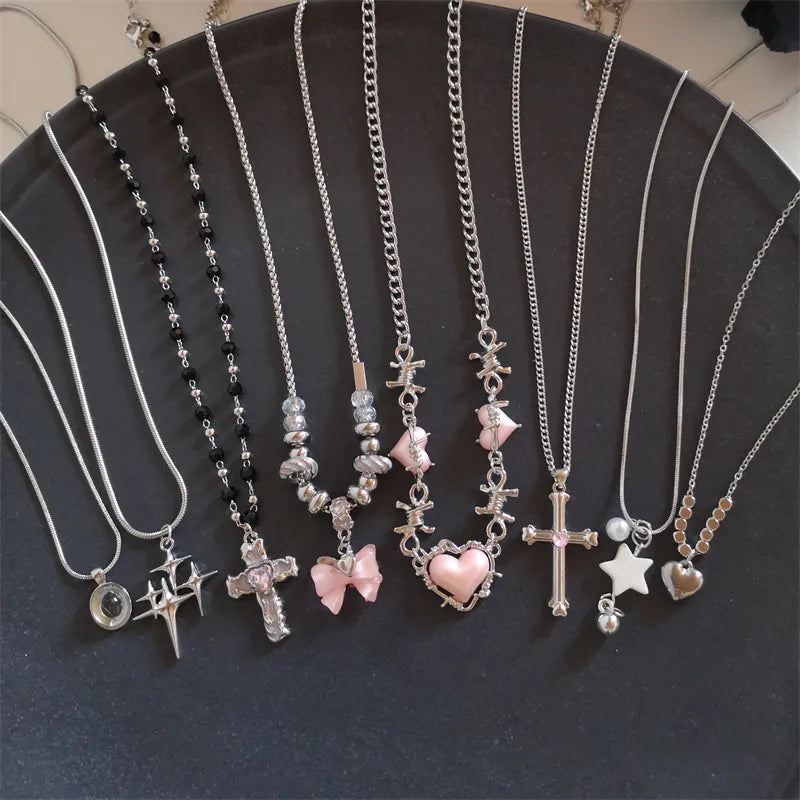 Star Cross Bowknot Pendant Necklace For Women Egirls y2k Cool Neck Jewelry Clavicle Chain Original Korean Fashion Party Gift-Dollar Bargains Online Shopping Australia