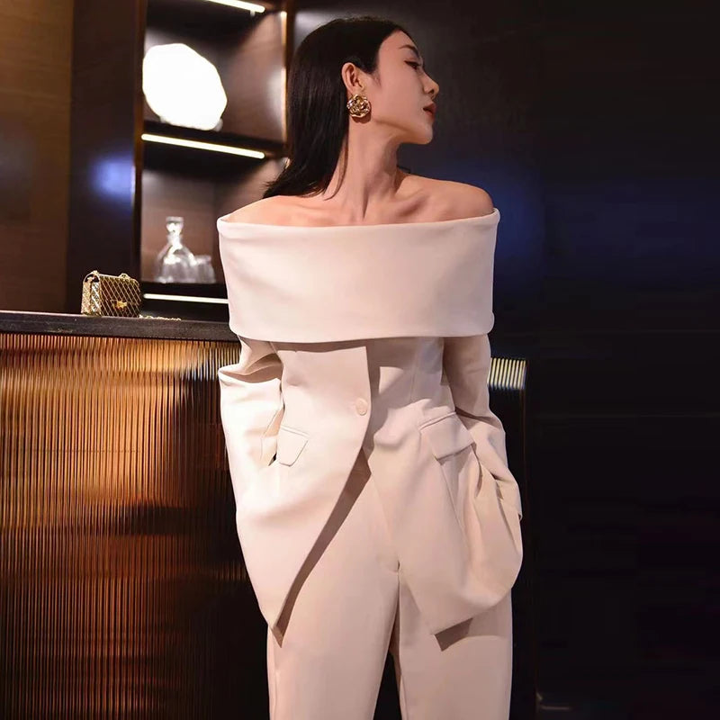 Slash Neck Chic Blazers Women Off Shoulder Long Sleeve Patchwork Single Button Solid Coat-Dollar Bargains Online Shopping Australia