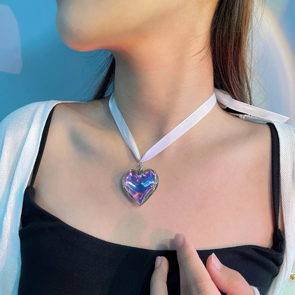 Goth Black Velvet Big Heart Pendant Choker Necklace for Women Elegant Weave Knotted Bowknot Adjustable Chain-Dollar Bargains Online Shopping Australia