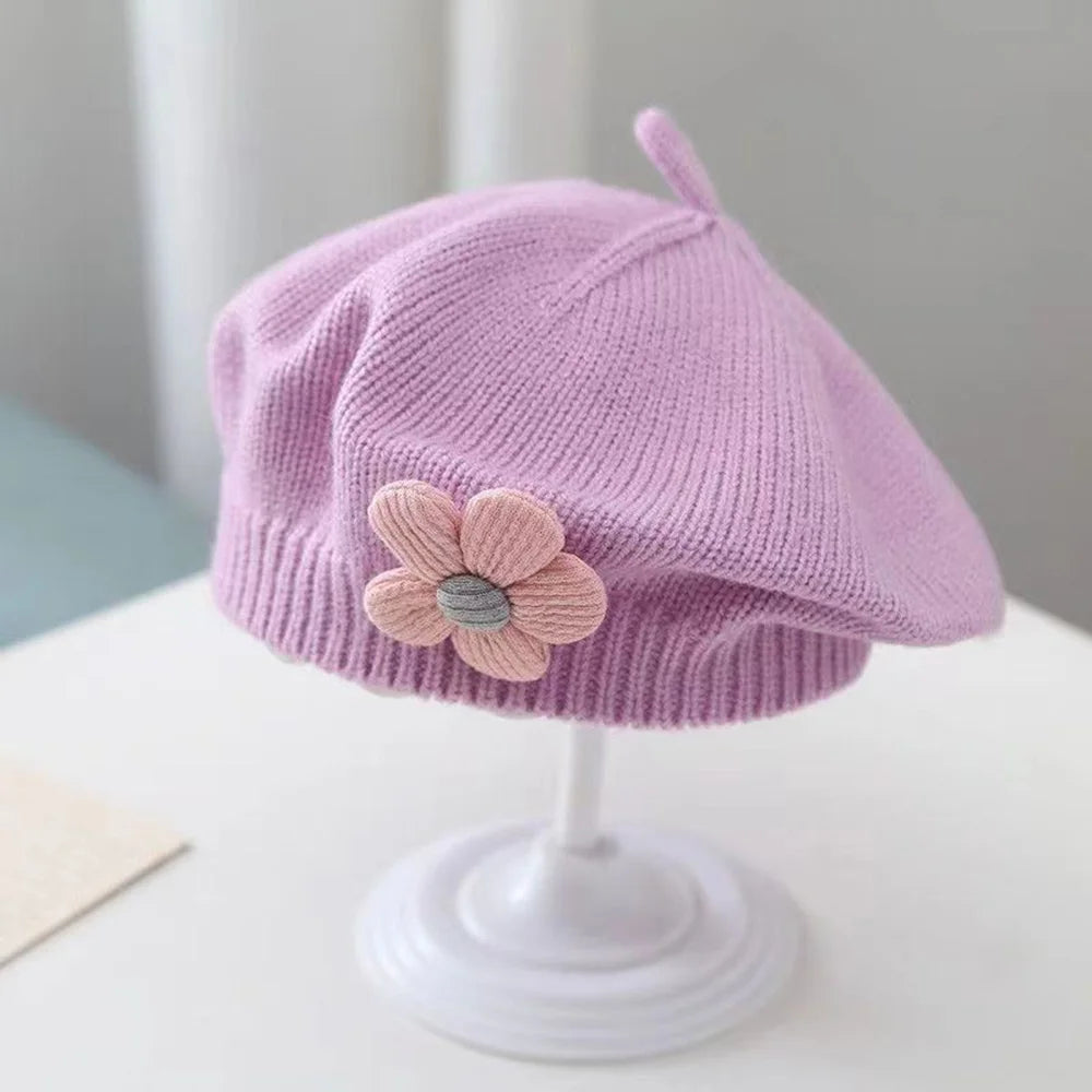 Flower Baby Beret Hat Solid Color Winter Warm Knitted Beanie Cap For Infant Girl Korean Toddler Princess Artist Painter Cap-Dollar Bargains Online Shopping Australia