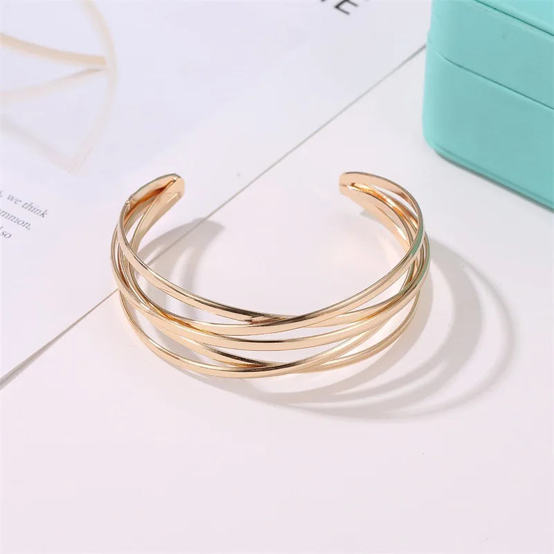 Punk Multilayer Metal Wires Strings Bracelets Bangles For Women Vintage Exaggerated Gold Color Wide Open Cuff Bangles Jewelry-Dollar Bargains Online Shopping Australia