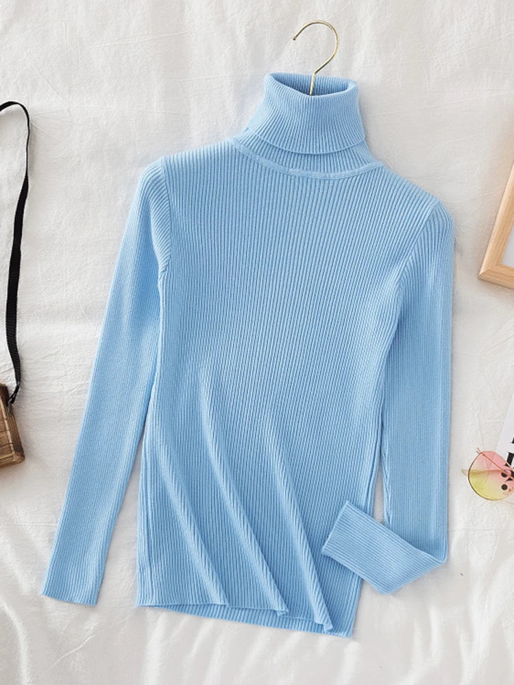 Korean Fashion Turtleneck Women Autumn Winter Pullover Sweater Basic Solid Casual Slim Stretch Ribbed Knitted Top Woman Sweaters-Dollar Bargains Online Shopping Australia