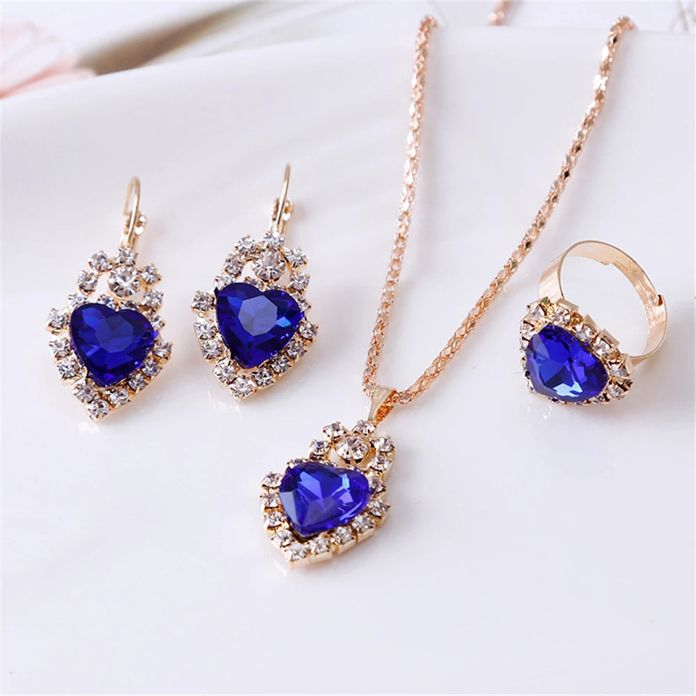 Luxurious Design Heart Shape Red Crystal Necklace Ring Earrings Jewelry Set Elegant Bridal Wedding Accessories Anniversary Gifts-Dollar Bargains Online Shopping Australia