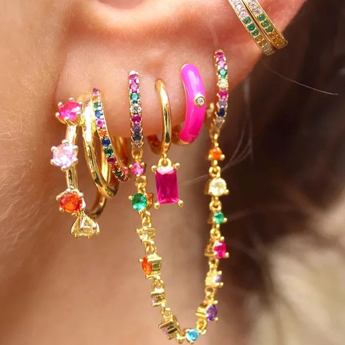 Gold Filled Stud Earrings Set For Women Ear Cuffs Colorful Zircon Dangle Hoop Earrings Fashion Party Jewelry-Dollar Bargains Online Shopping Australia