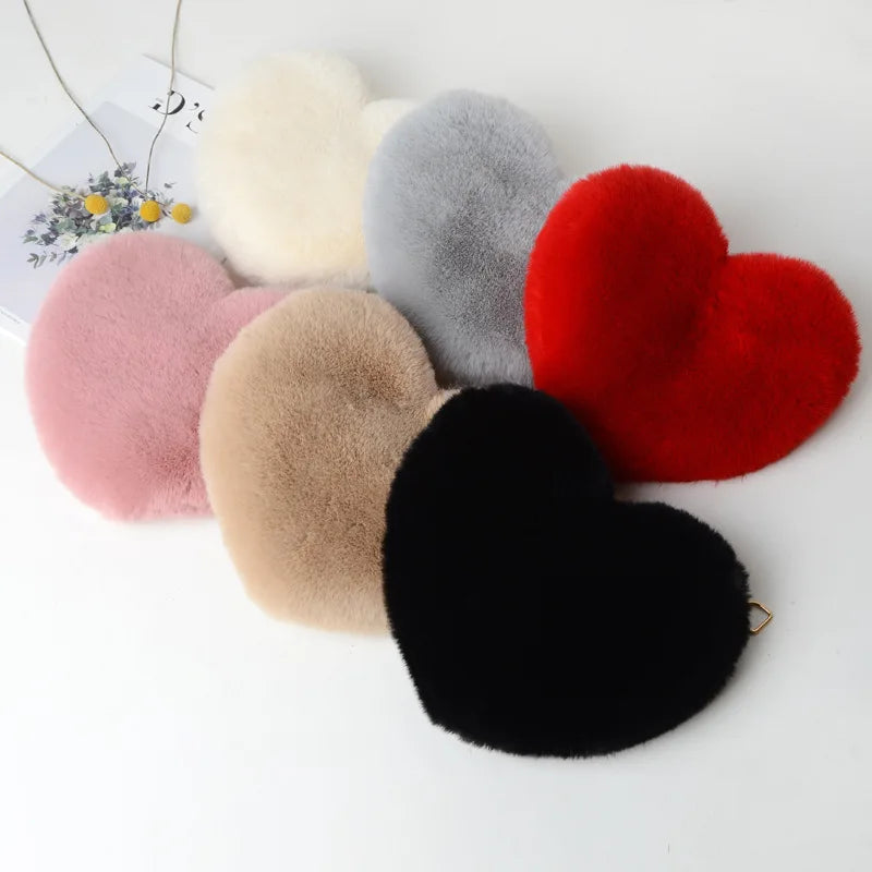 Fashion Women Heart Shaped Handbags Cute Kawaii Faux Fur Crossbody Bags Wallet Purse Plush Chain Shoulder Bag Lady Handbag