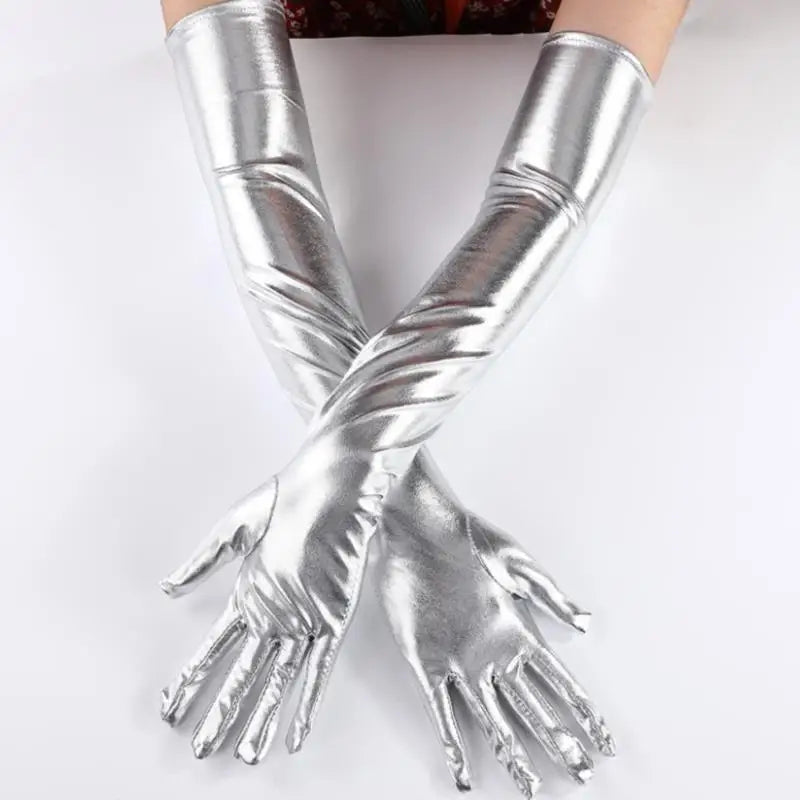 Gold Silver Wet Look Fake Leather Metallic Gloves Evening Party Performance Mittens Women Sexy Elbow Length Long Latex Gloves-Dollar Bargains Online Shopping Australia