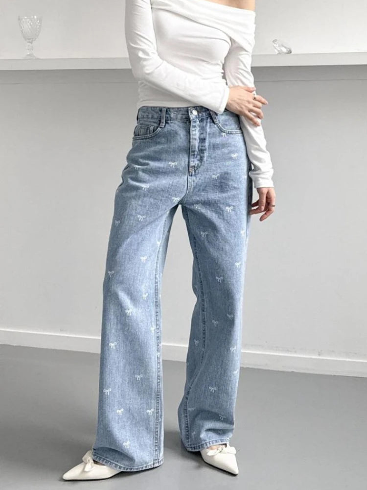 Women Light Blue Jeans Pant Korean Baggy Bow Decorated High Waisted Straight Leg Long Pant Female Casual Printed Button Trousers-Dollar Bargains Online Shopping Australia
