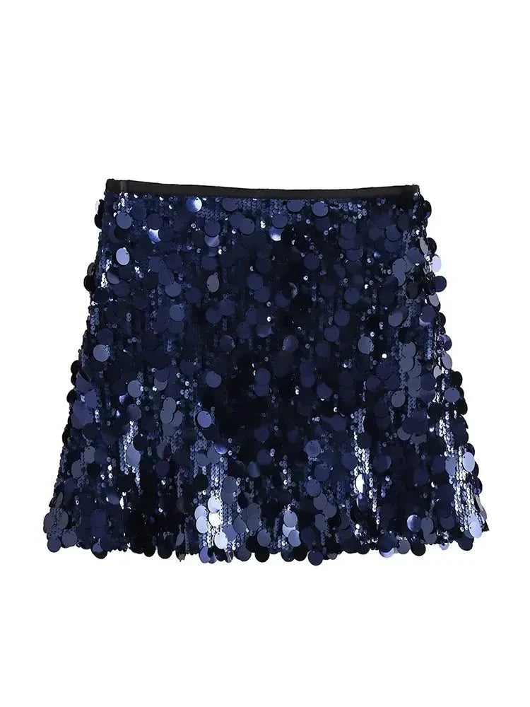 Women Sequins Skirt High Waist Sexy Party Mini Skirt Side Zipper Elegant Female Y2k Chic Rose Red Skirts